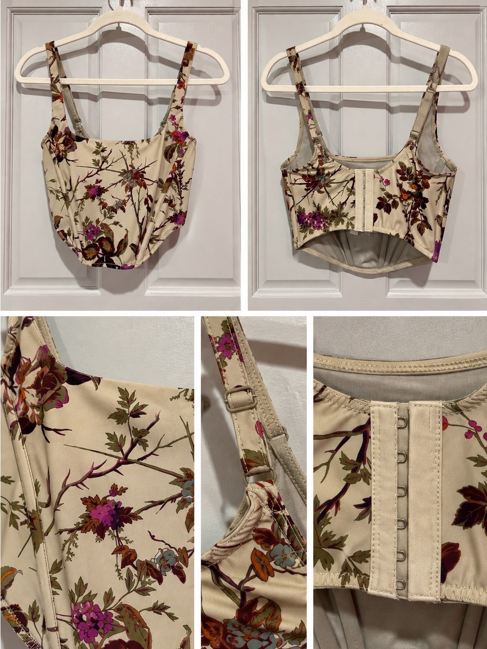 Floral Cream Corset Crop Top - Women's Elegant Floral Bustier